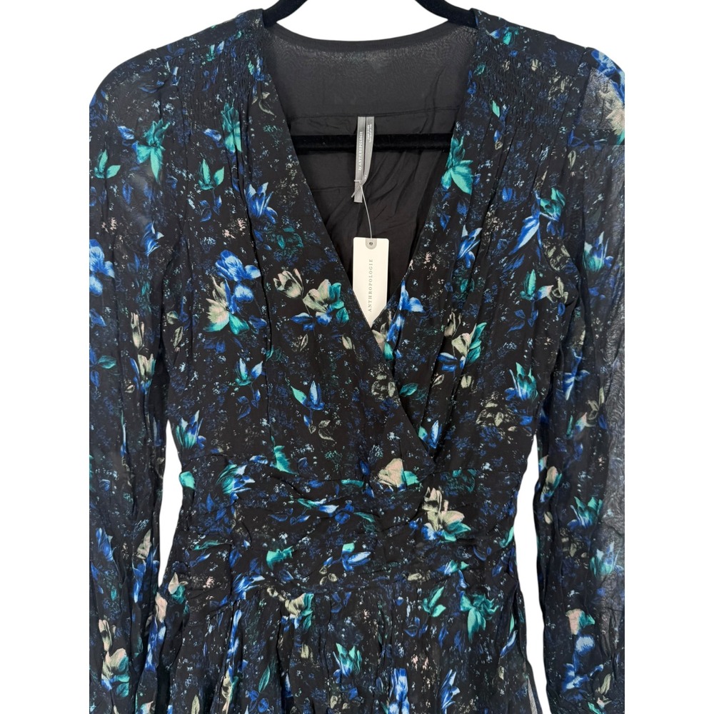 NWT Anthropologie Ruched Floral Mini Dress Black Blue Size XS Fairy Feminine - Picture 7 of 15
